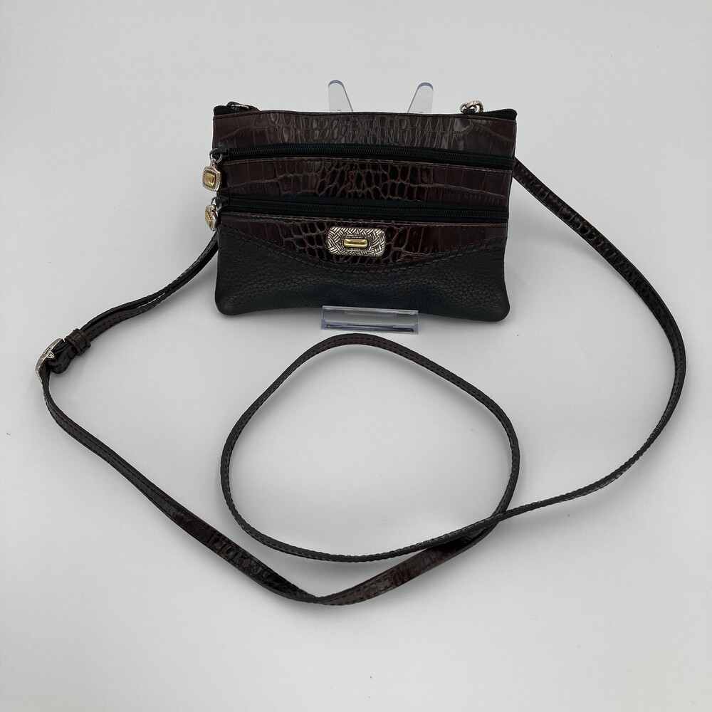 Brighton Vintage Black Pebbled Brown Croc Embossed Leather Multi Zip Crossbody